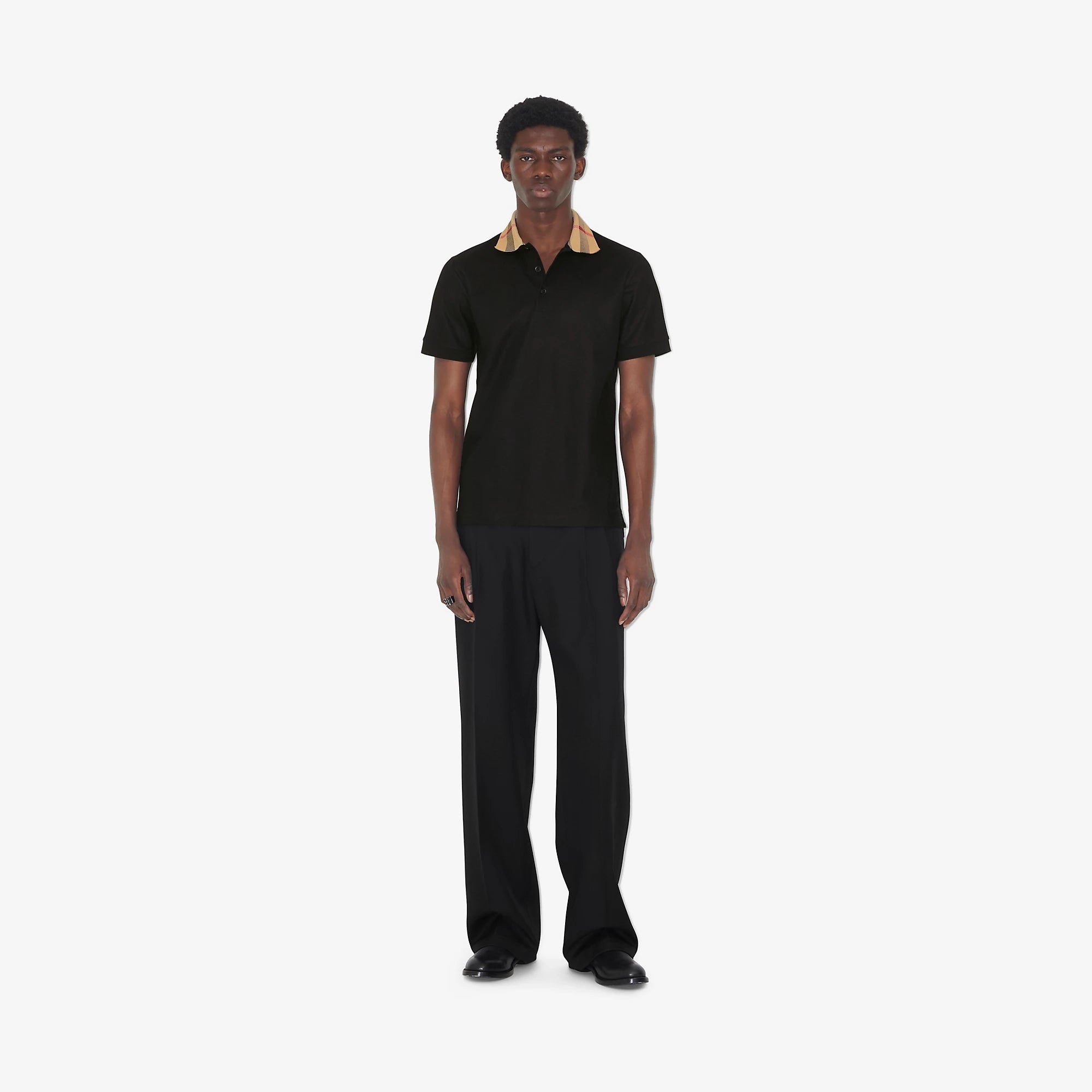 Check Collar Black Cotton Poloshirt