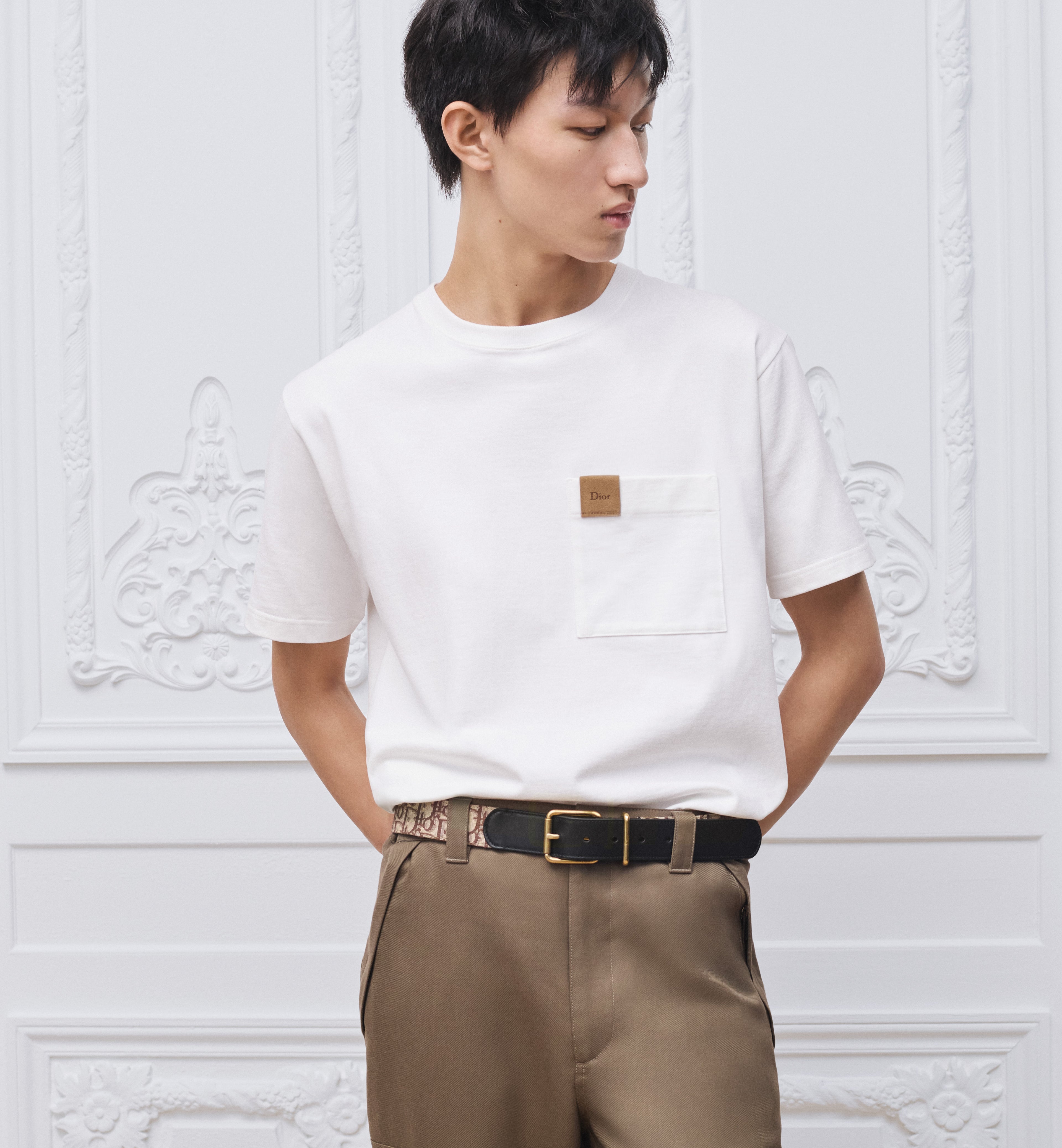 White T-shirt with Pocket and Leather Patch