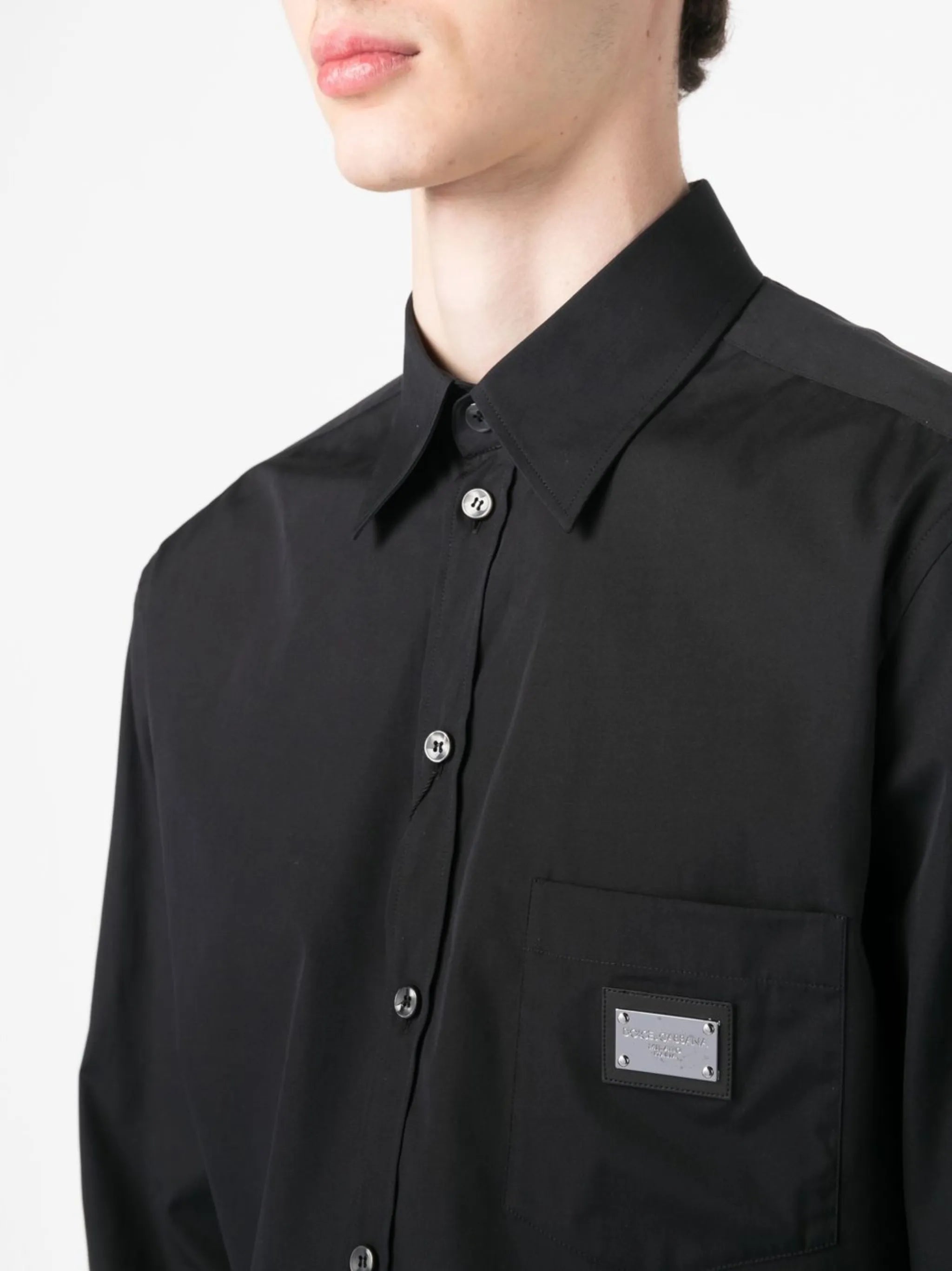 Logo-Plaque Black Cotton-Poplin Shirt