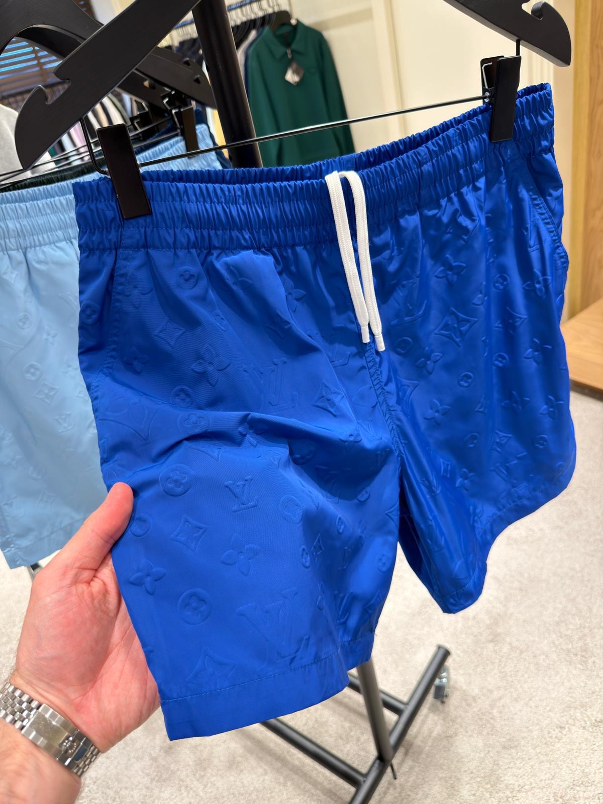 Navy Blue Monogram Elastic Waist Swim Shorts