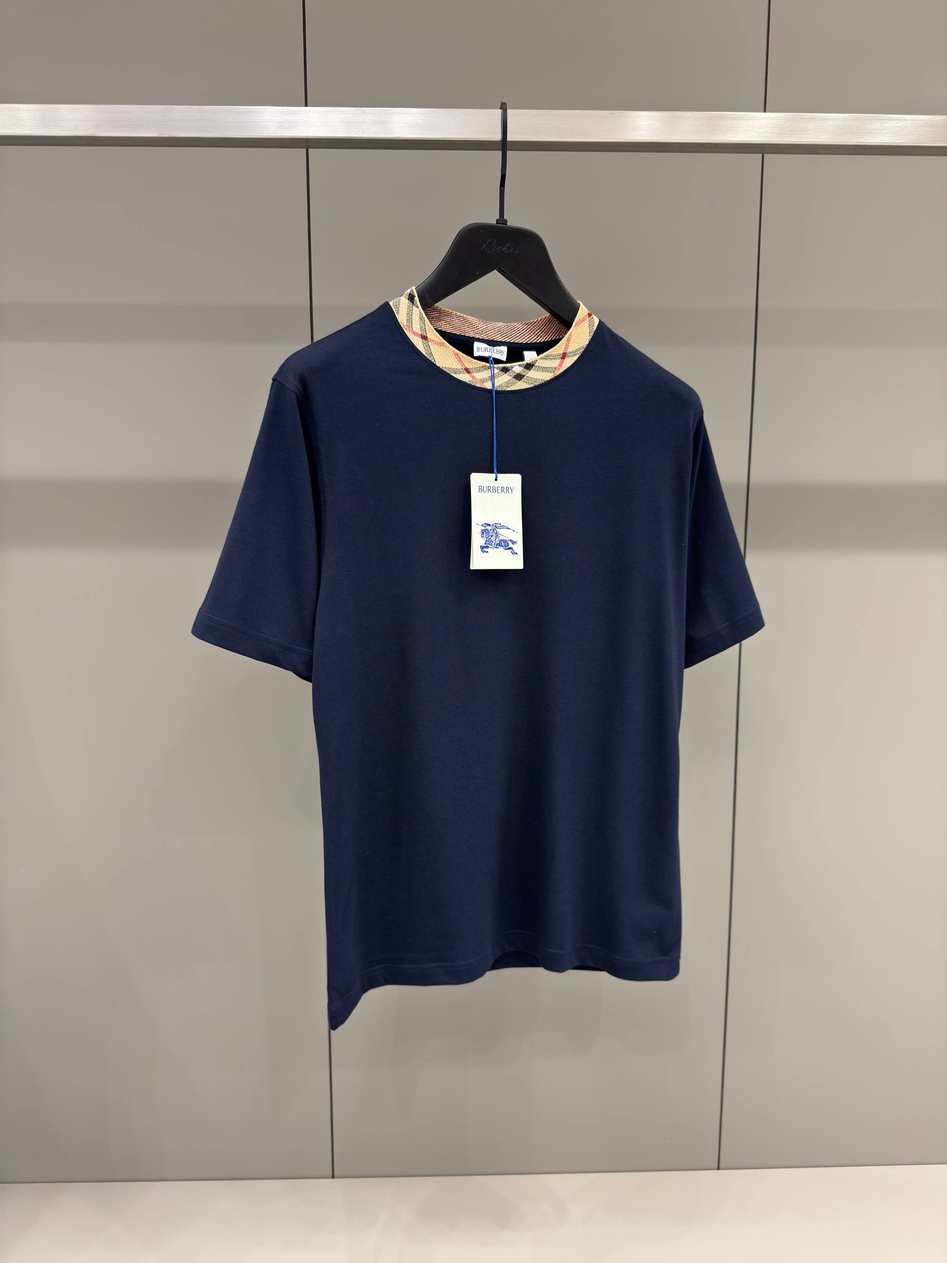 Check Trim Blue Cotton T-shirt