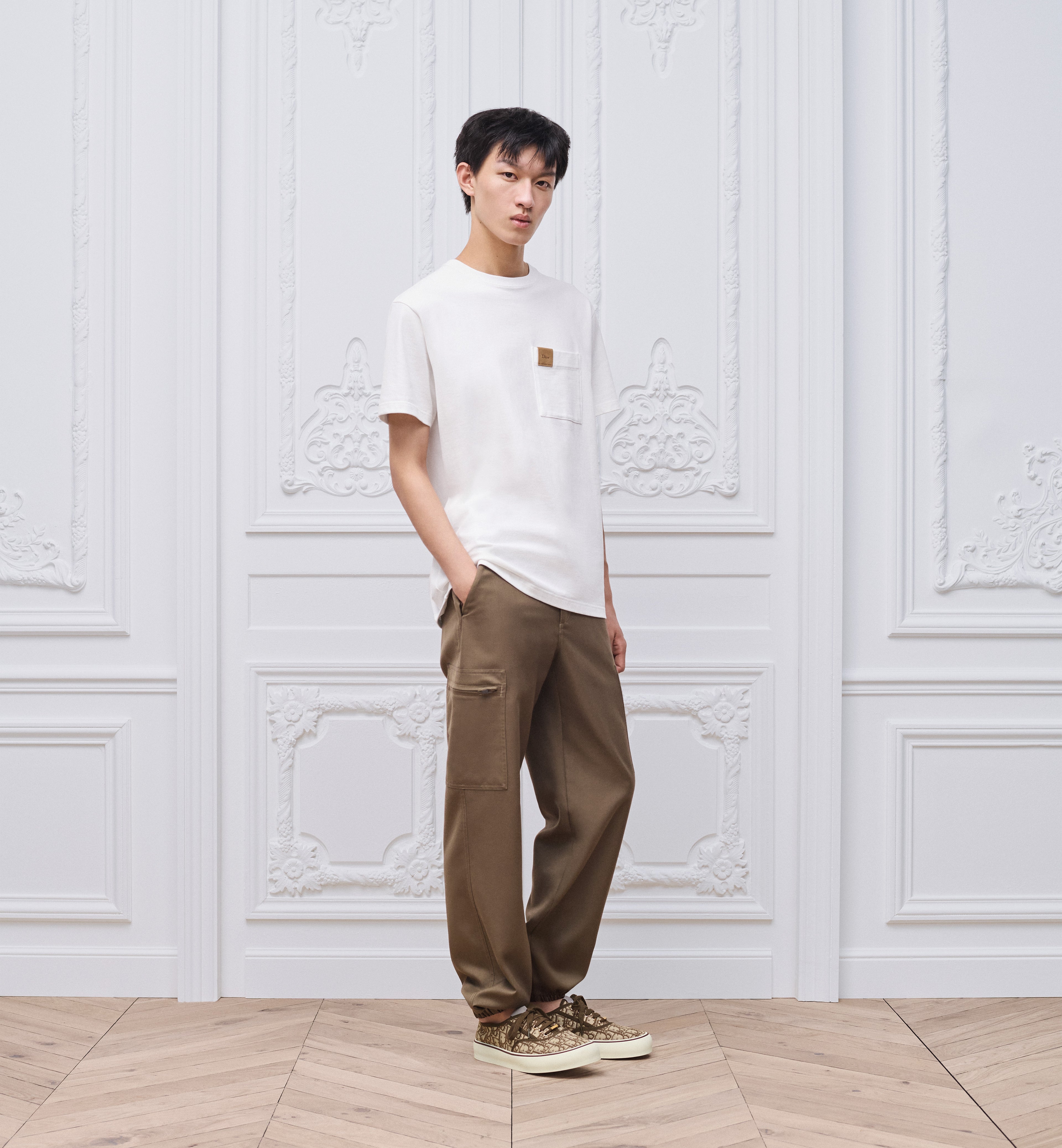 White T-shirt with Pocket and Leather Patch
