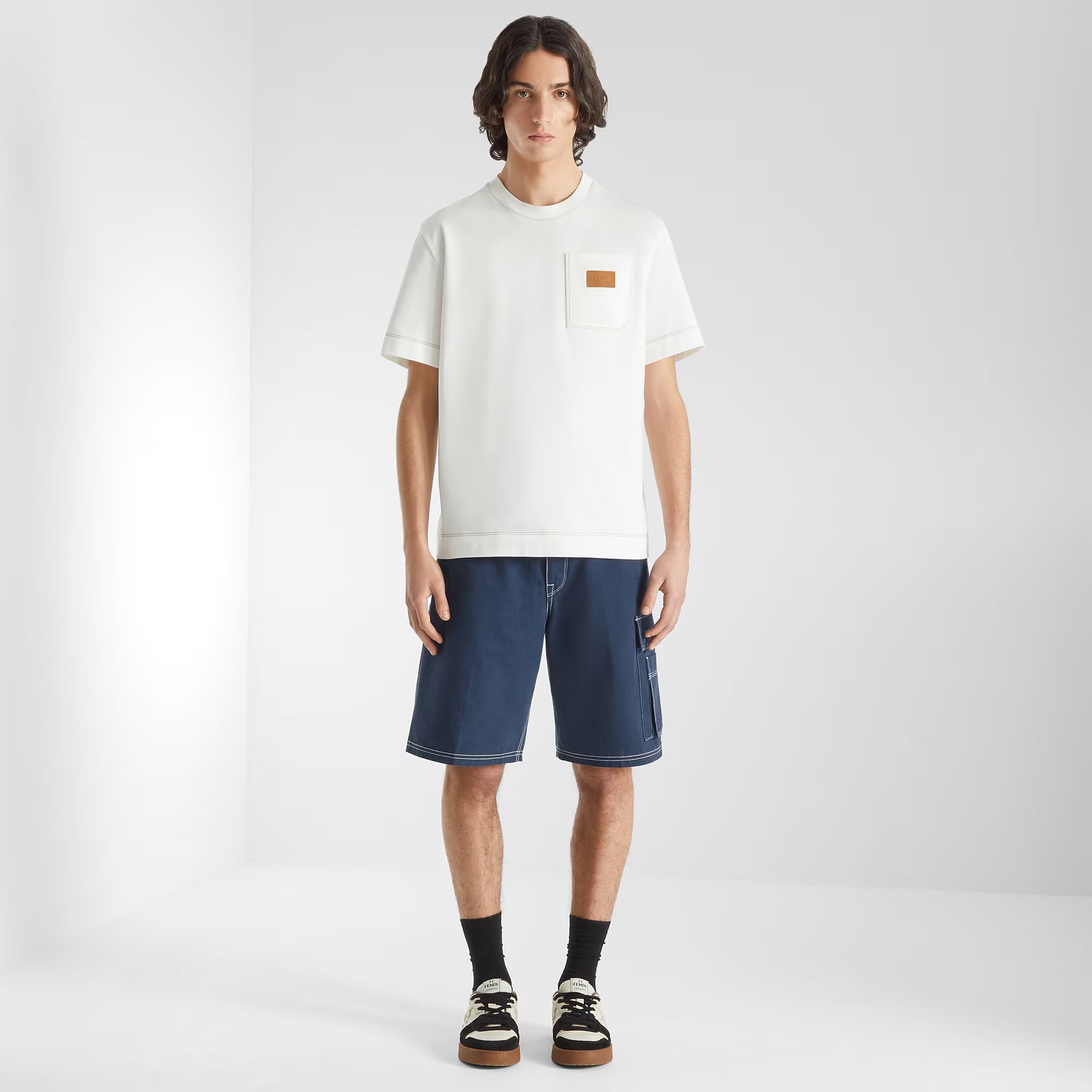 White T-shirt with Leather Patch Pocket