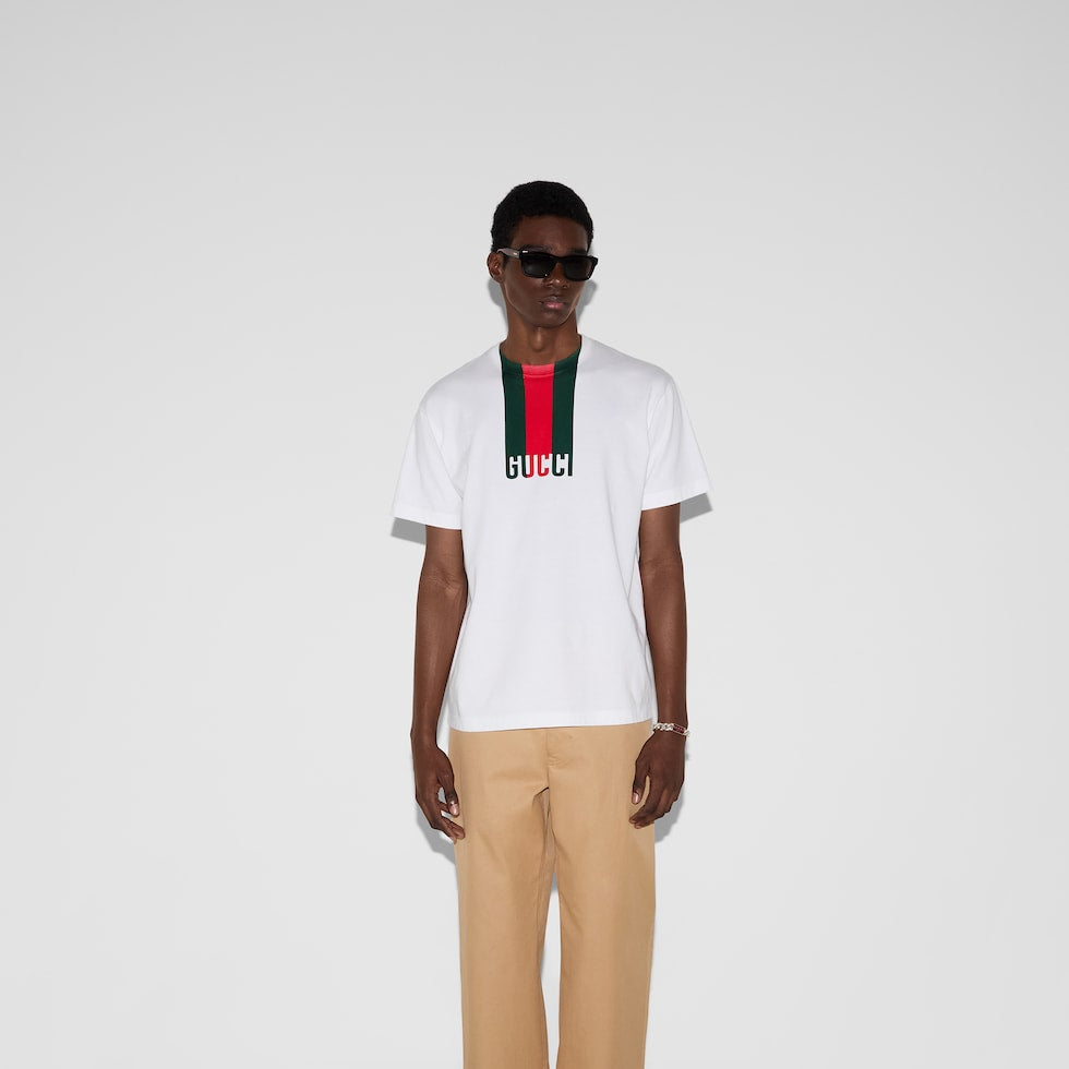 White Cotton Jersey T-shirt with a Web Print