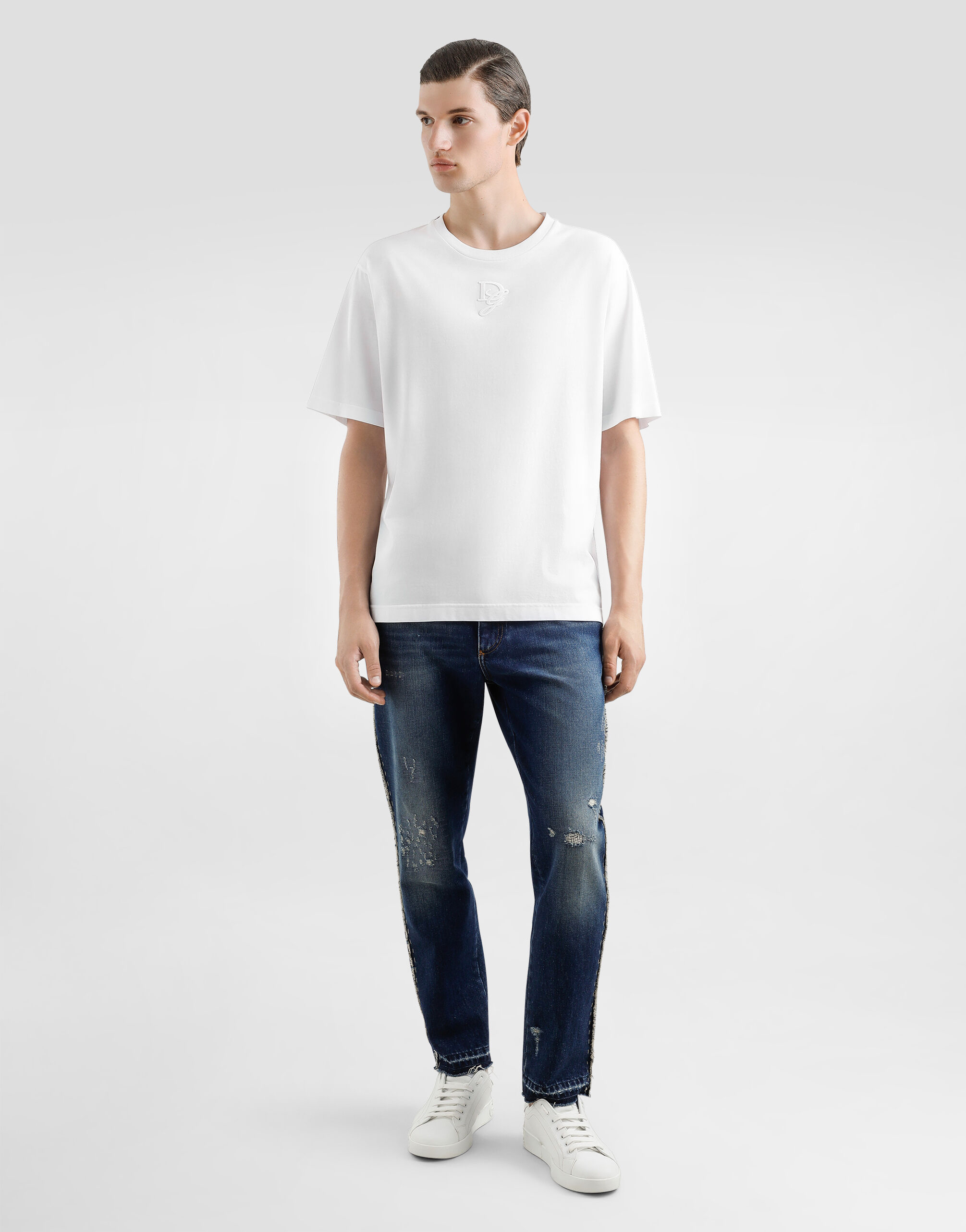 White Cotton T-shirt with Logo Embroidery