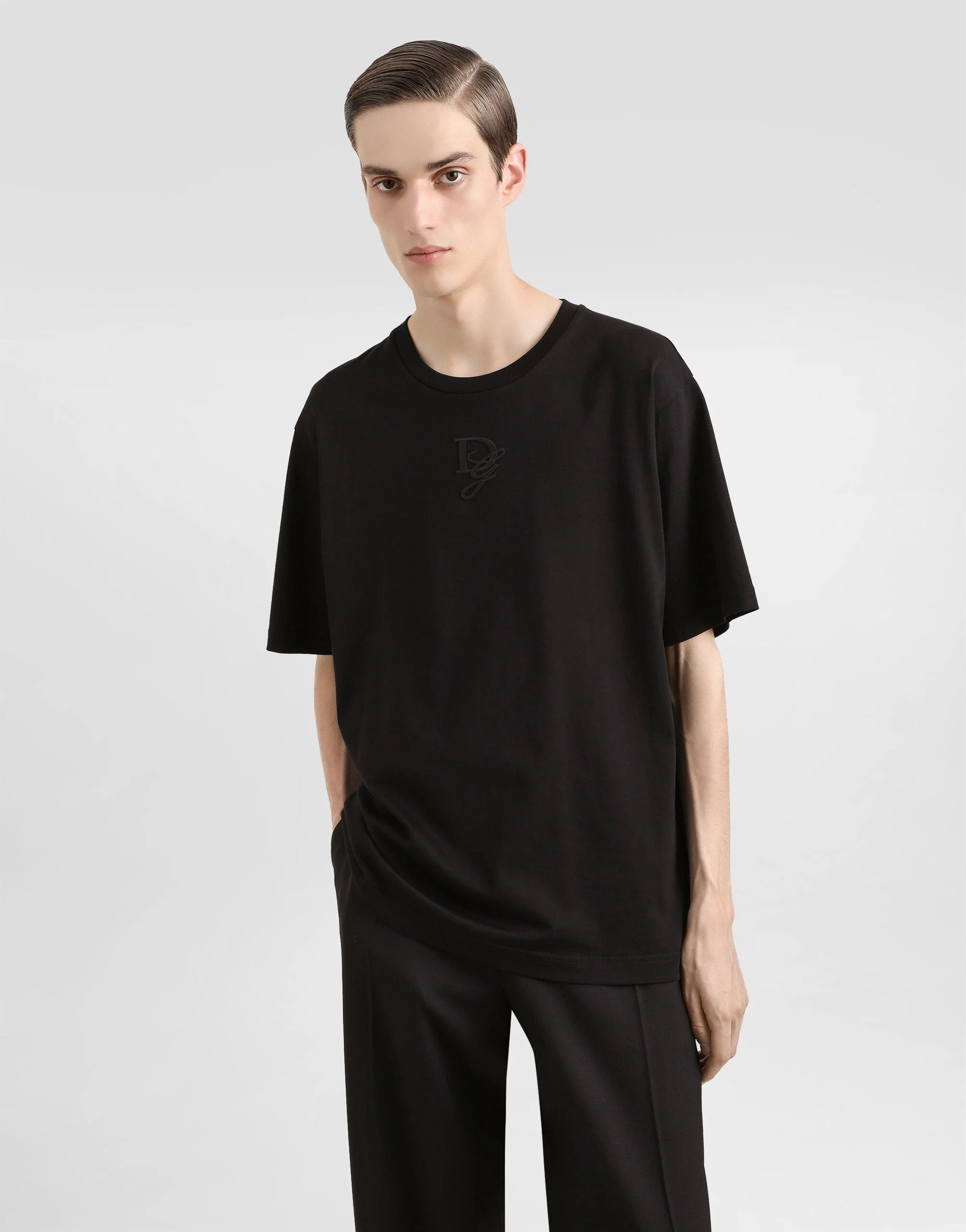Black Cotton T-shirt with Logo Embroidery