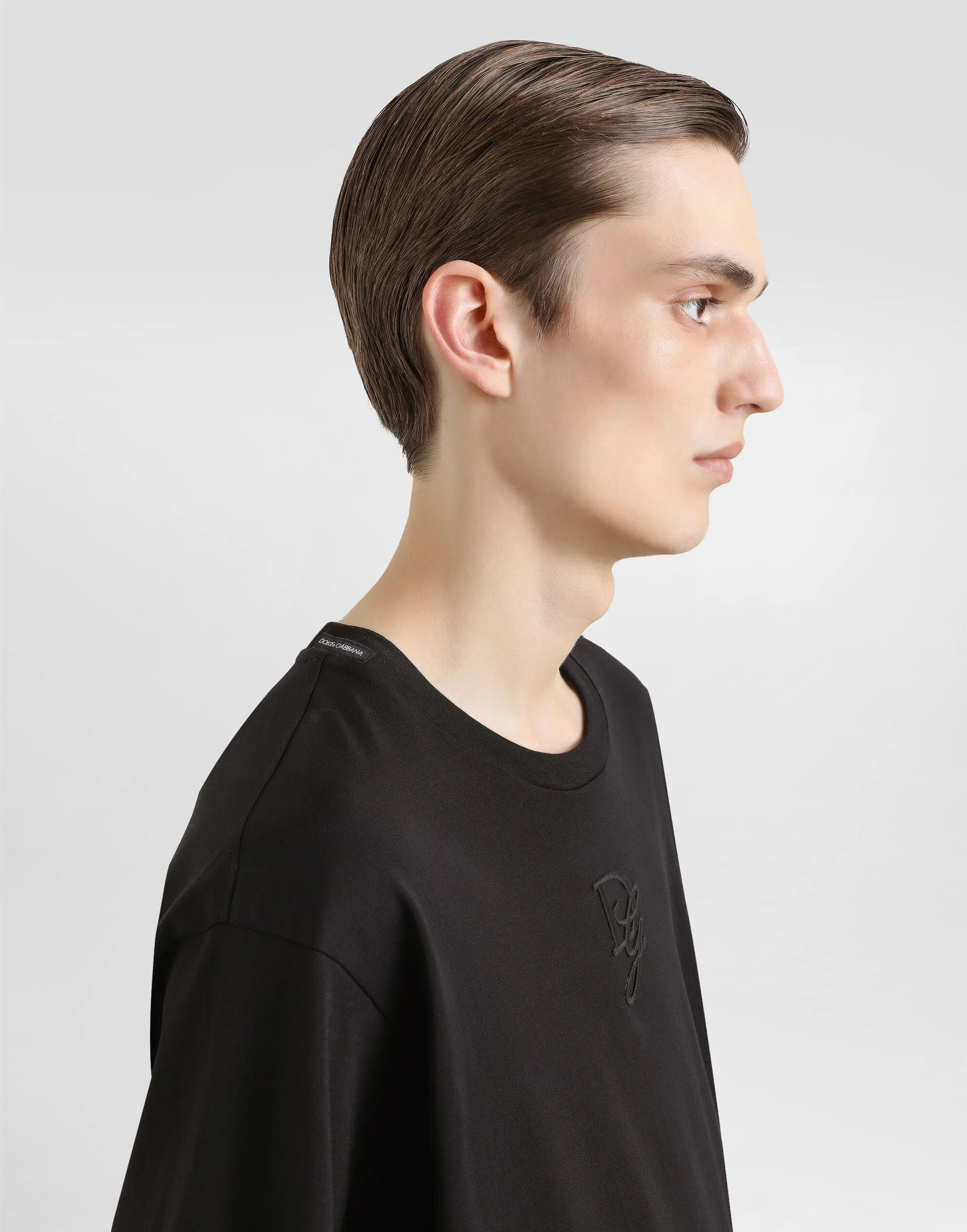 Black Cotton T-shirt with Logo Embroidery