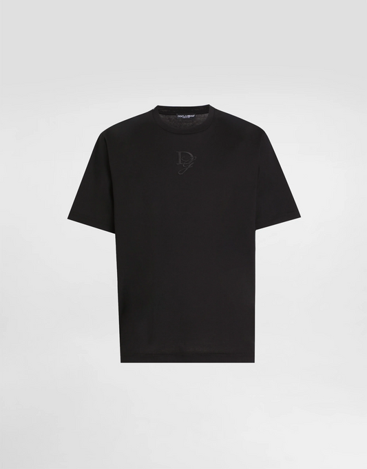 Black Cotton T-shirt with Logo Embroidery