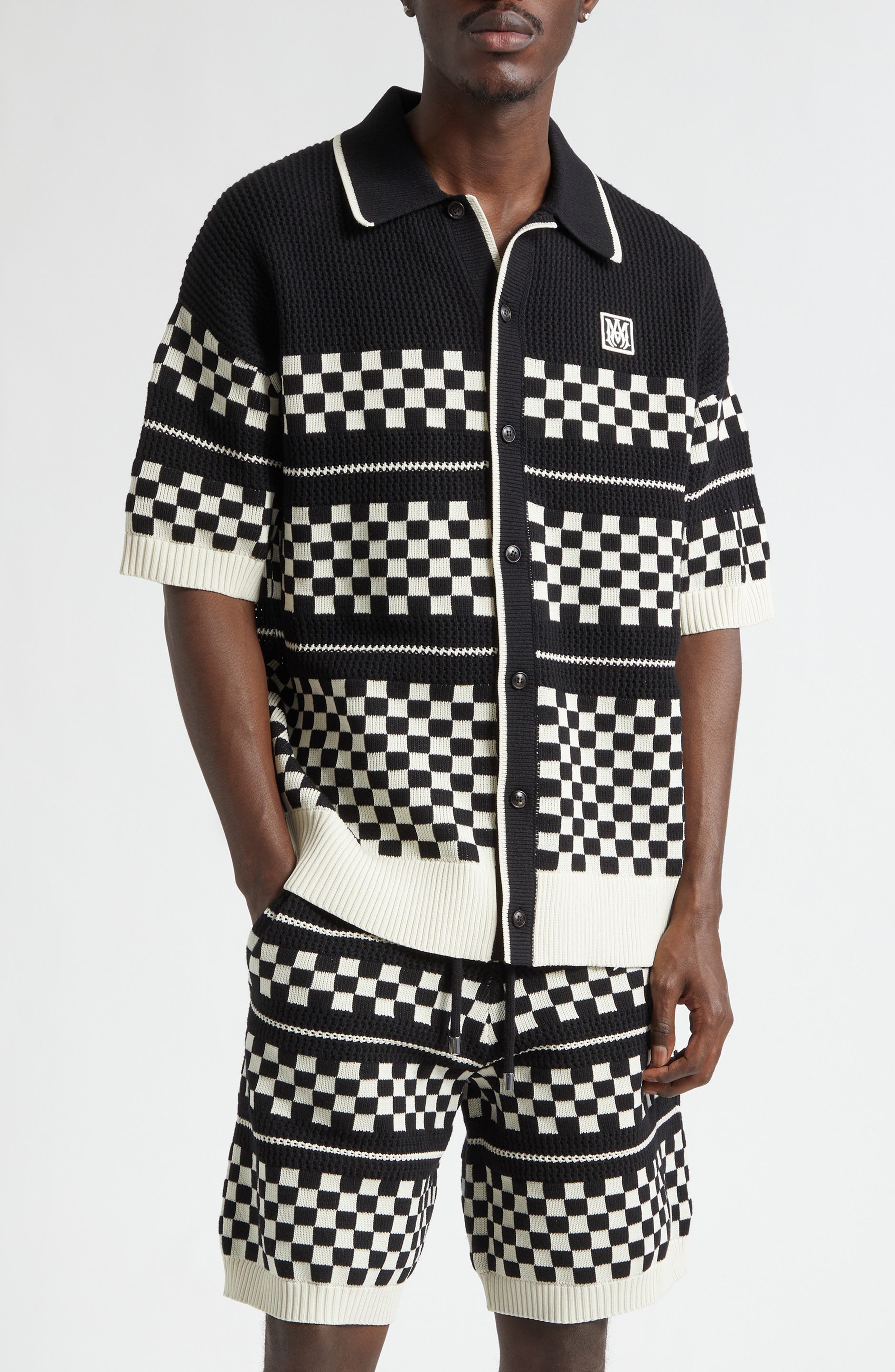 Black Wool Blend Mesh Check Shirt