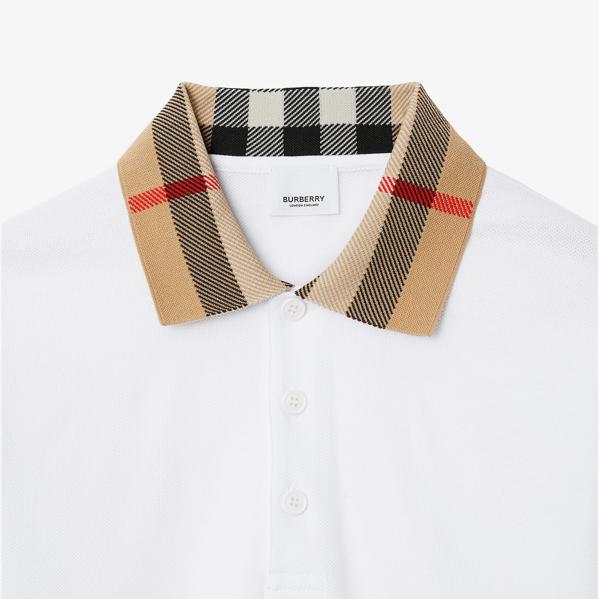 Check Collar Cotton White Polo Shirt