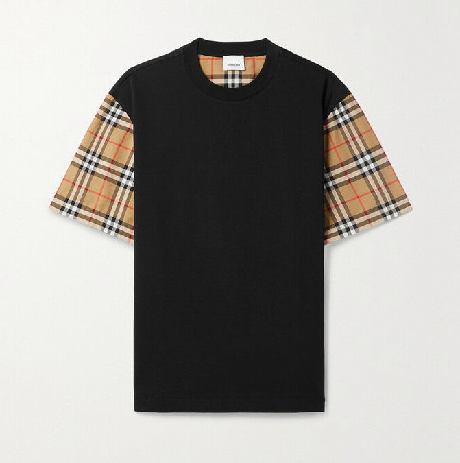 Oversize Check Sleeve Black Cotton T-shirt