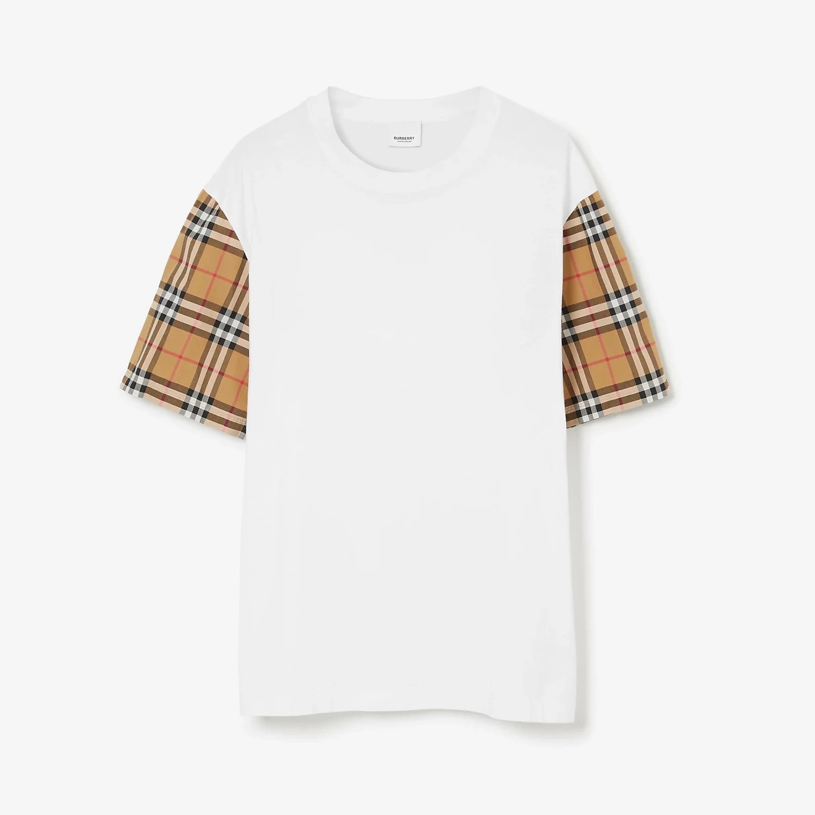 Oversize Check Sleeve White Cotton T-shirt