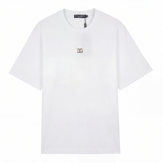 White T-shirt with Metallic DG Logo in Silver